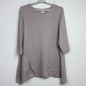 Match Point Shirt Women L Grey Linen Asymmetrical Minimalist Lagenlook Boho